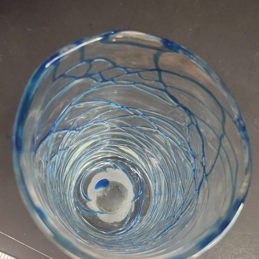 Handmade Mexican Style Glass Vase Clear with Blue Swirls 8